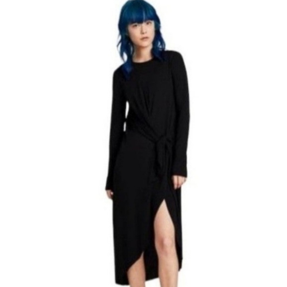 Zara tie front asymmetrical midi slit dress LBD slinky knit stretch size L